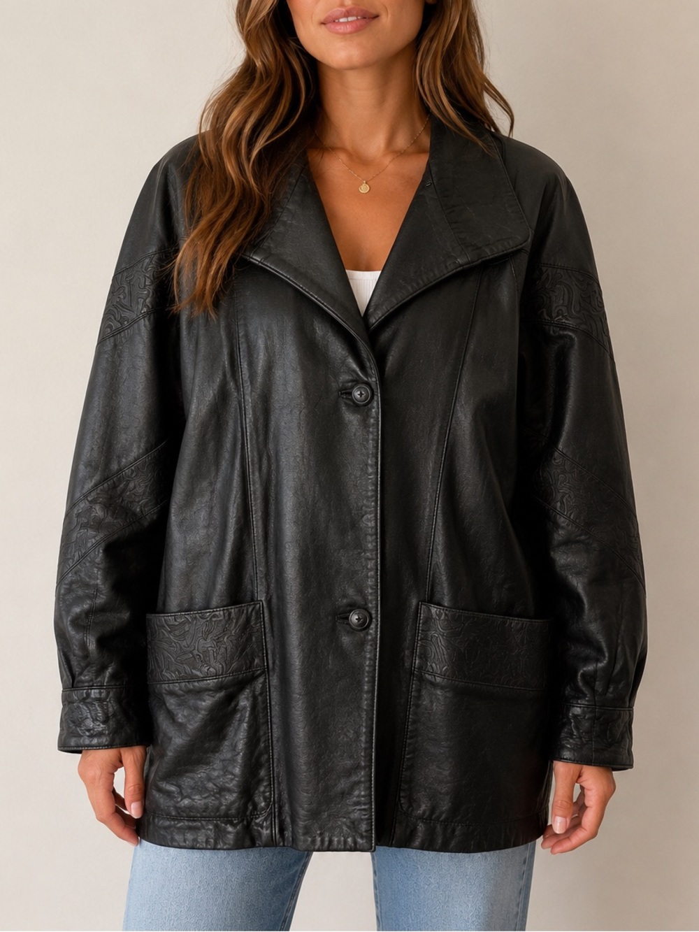 Gerome Vintage Genuine Leather Jacket Black Oversized Button Front Women’s 8